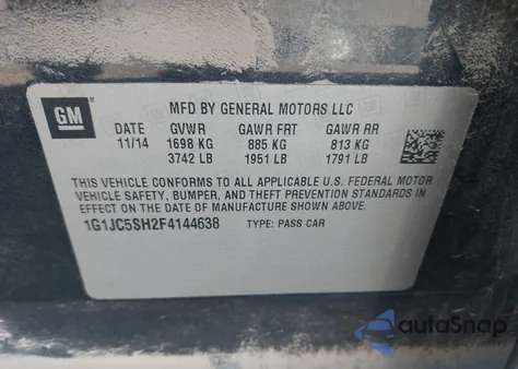 2015 Chevrolet Sonic Lt Auto из США, поврежденный, VIN 1G1JC5SH2F4144638